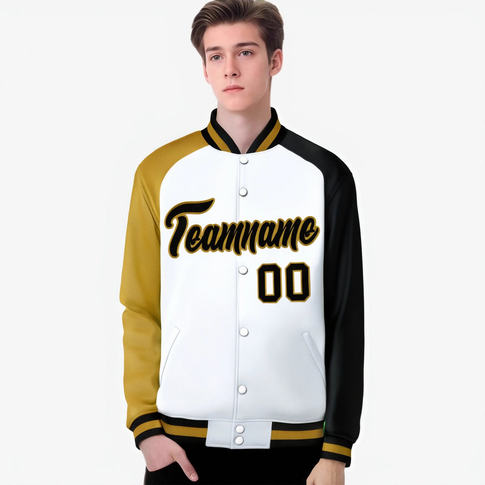 Custom White Black-Old Gold Raglan Sleeves Varsity Full-Snap Letterman Jacket