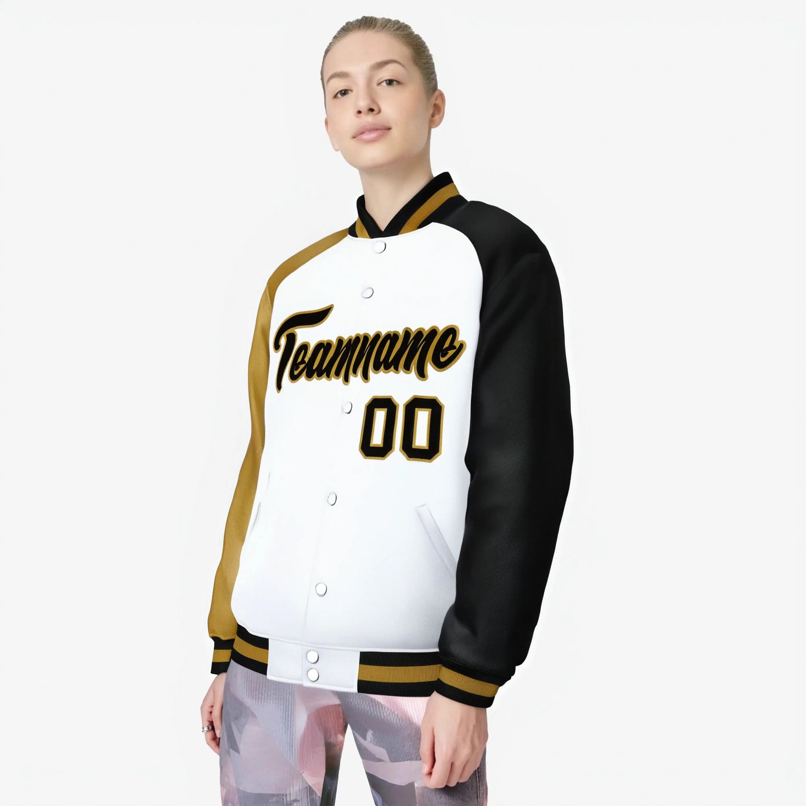 Custom White Black-Old Gold Raglan Sleeves Varsity Full-Snap Letterman Jacket