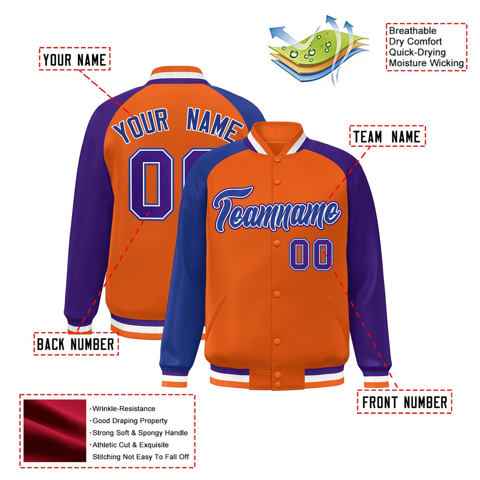 Custom Orange Purple-Royal Blue Raglan Sleeves Varsity Full-Snap Letterman Jacket