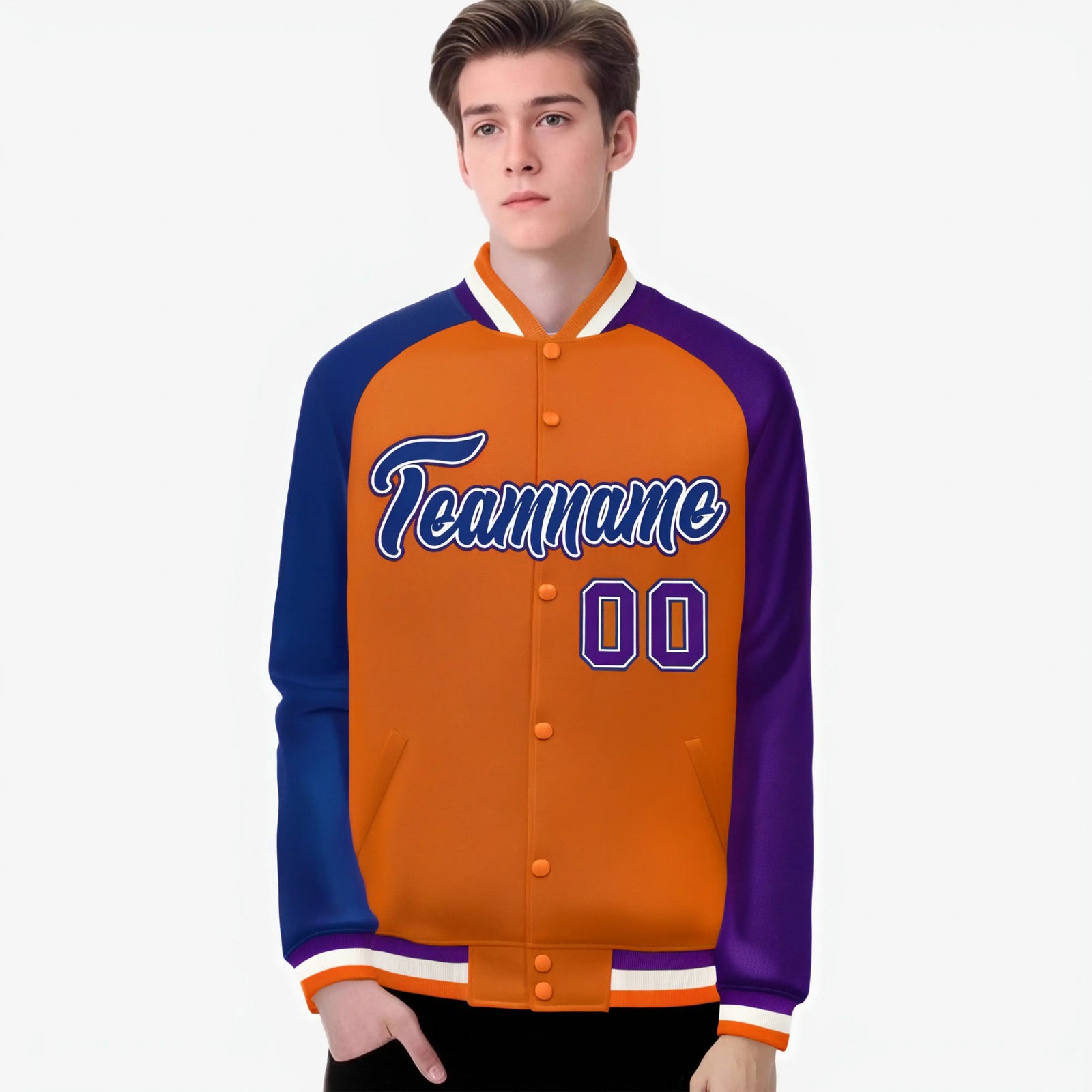 Custom Orange Purple-Royal Blue Raglan Sleeves Varsity Full-Snap Letterman Jacket