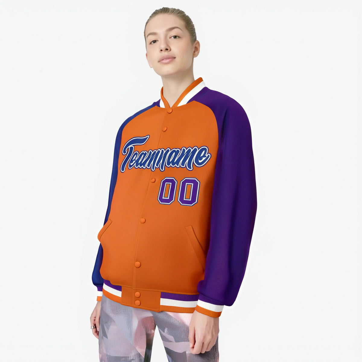 Custom Orange Purple-Royal Blue Raglan Sleeves Varsity Full-Snap Letterman Jacket