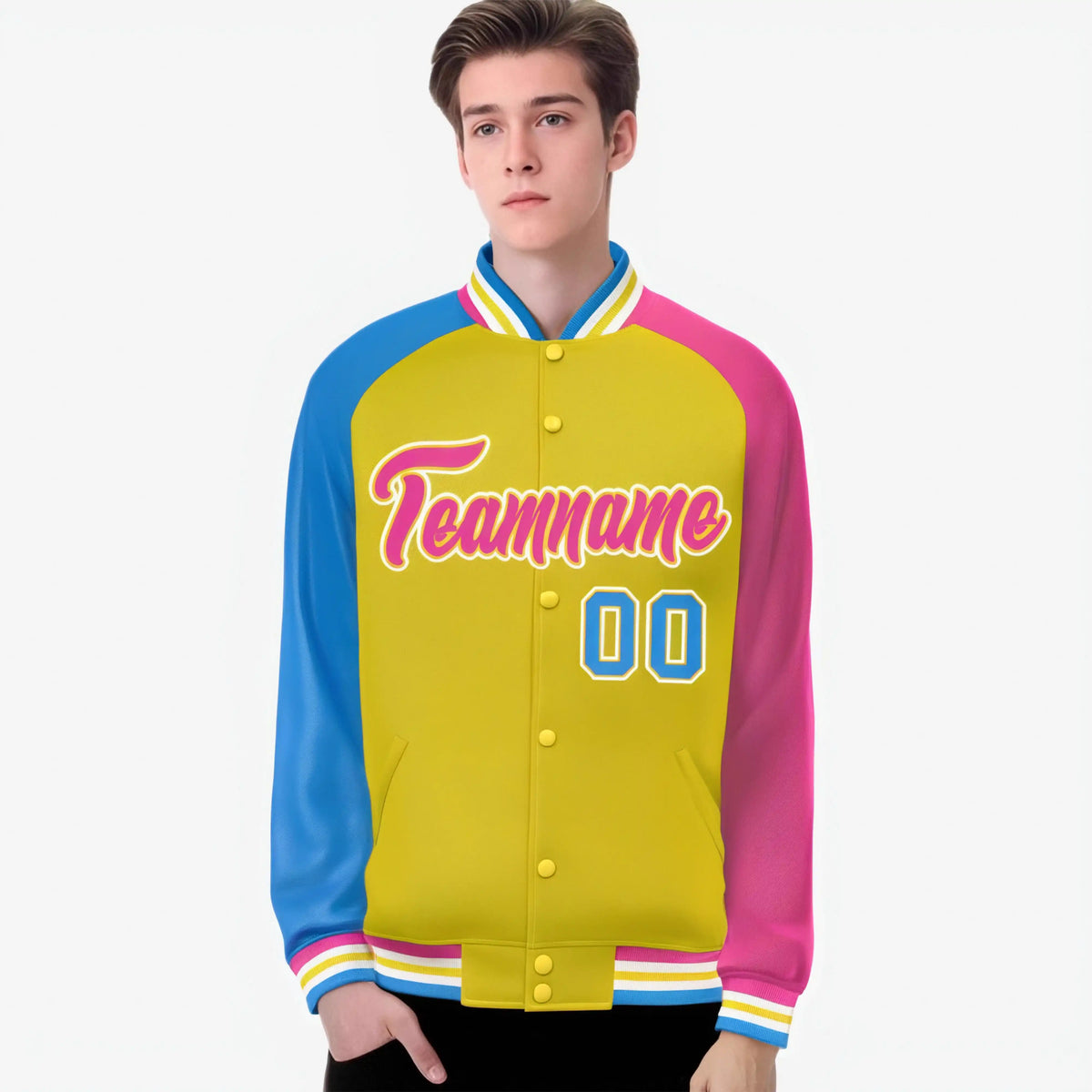 Custom Gold Pink-Powder Blue Raglan Sleeves Varsity Full-Snap Letterman Jacket
