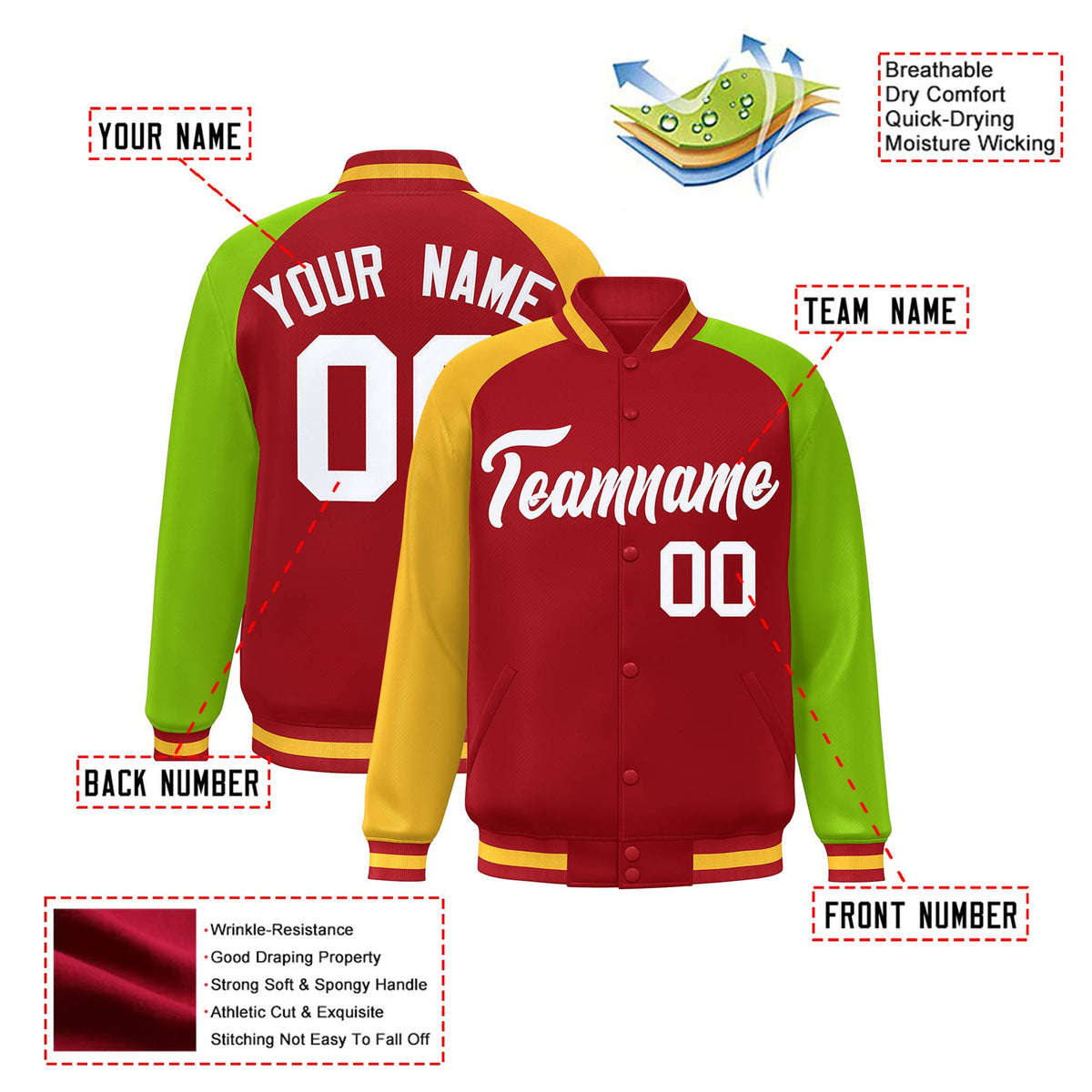 Custom Red Neon Green-Gold Raglan Sleeves Varsity Full-Snap Letterman Jacket