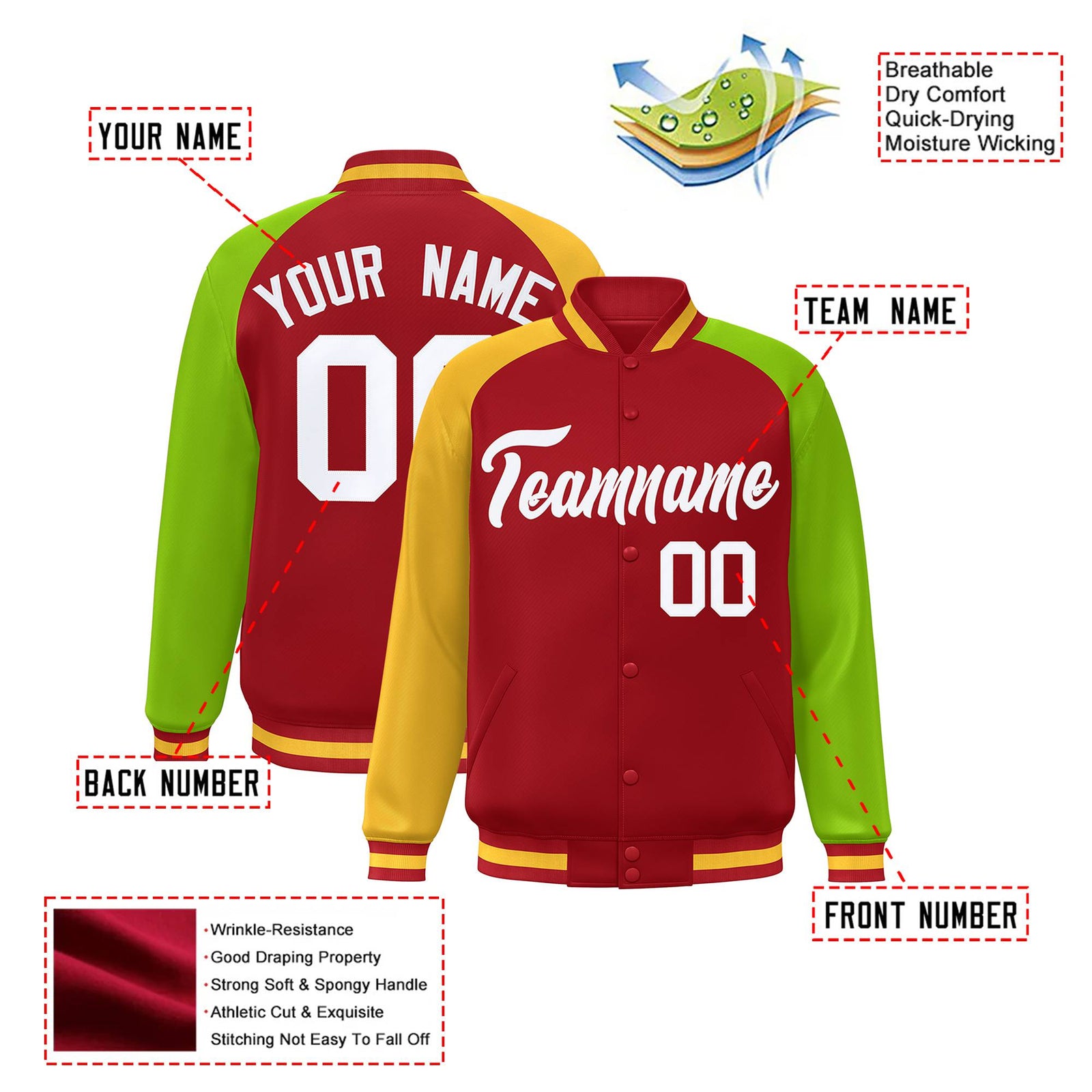 Custom Red Neon Green-Gold Raglan Sleeves Varsity Full-Snap Letterman Jacket