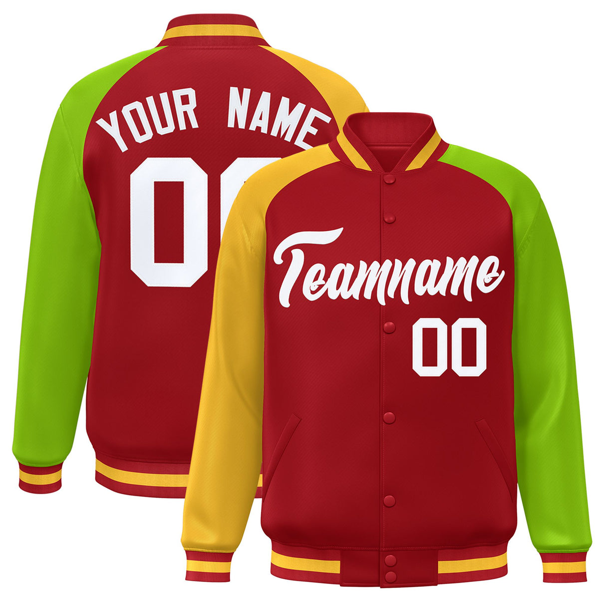 Custom Red Neon Green-Gold Raglan Sleeves Varsity Full-Snap Letterman Jacket