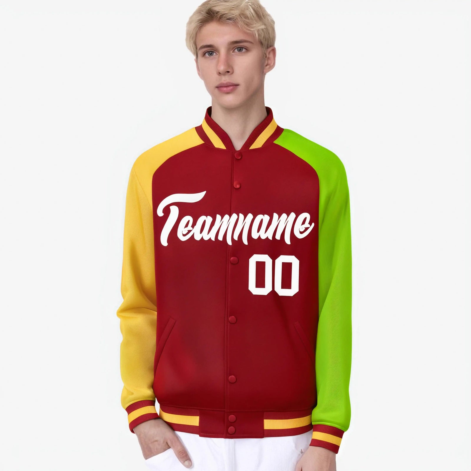 Custom Red Neon Green-Gold Raglan Sleeves Varsity Full-Snap Letterman Jacket