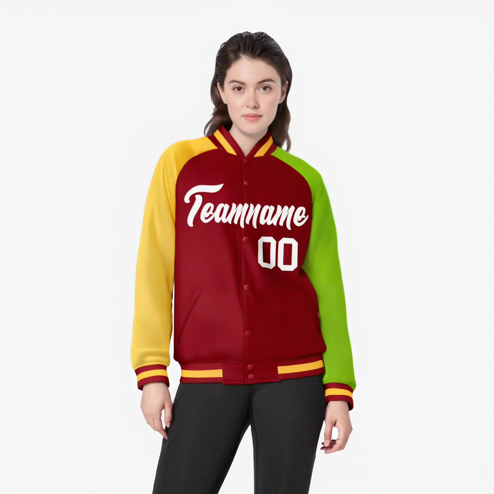 Custom Red Neon Green-Gold Raglan Sleeves Varsity Full-Snap Letterman Jacket
