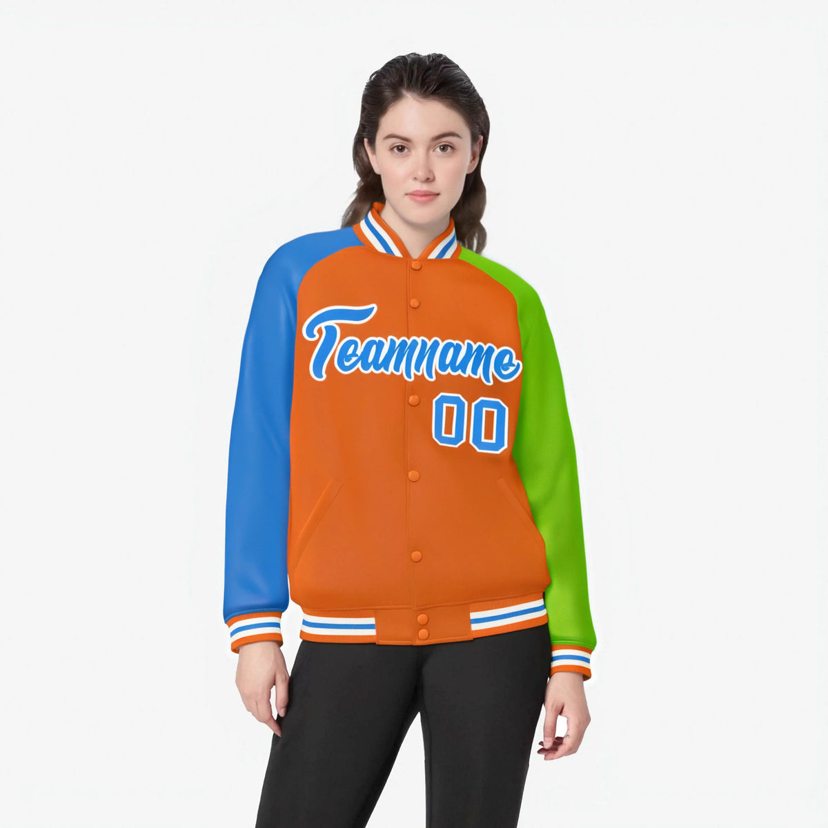 Custom Orange Neon Green-Powder Blue Raglan Sleeves Varsity Full-Snap Letterman Jacket
