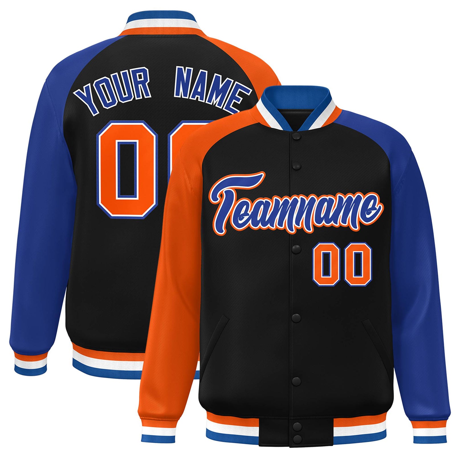 Custom Black Royal Blue-Orange Raglan Sleeves Varsity Full-Snap Letterman Jacket