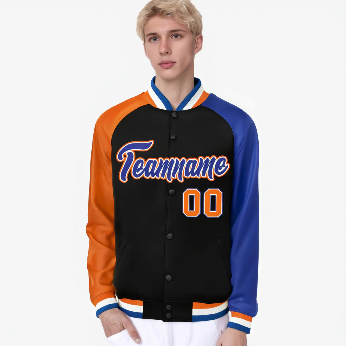 Custom Black Royal Blue-Orange Raglan Sleeves Varsity Full-Snap Letterman Jacket