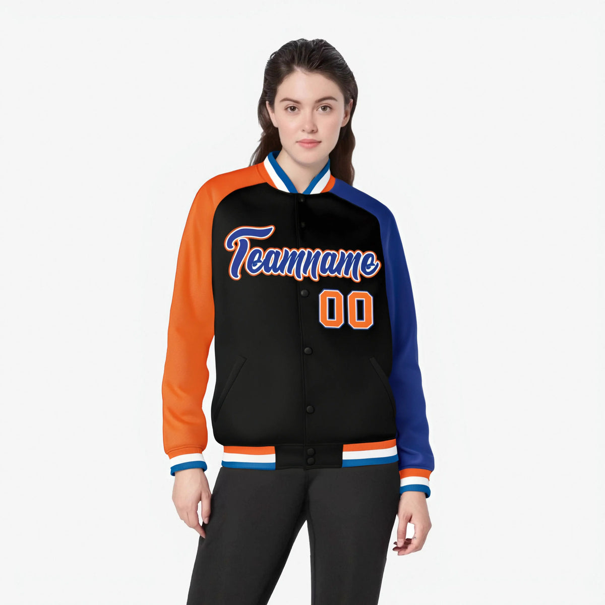 Custom Black Royal Blue-Orange Raglan Sleeves Varsity Full-Snap Letterman Jacket