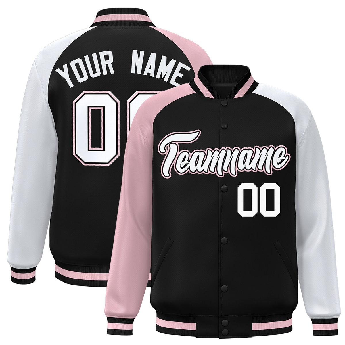 Custom Black White-Pink Raglan Sleeves Varsity Full-Snap Letterman Jacket