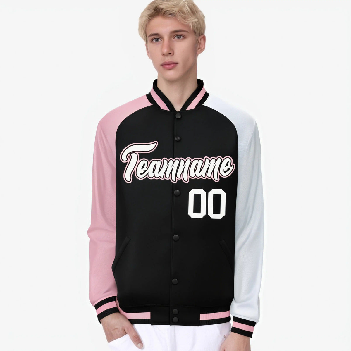 Custom Black White-Pink Raglan Sleeves Varsity Full-Snap Letterman Jacket