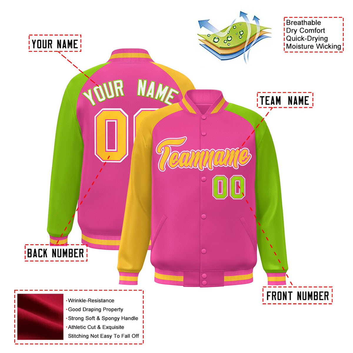 Custom Pink Neon Green-Gold Raglan Sleeves Varsity Full-Snap Letterman Jacket