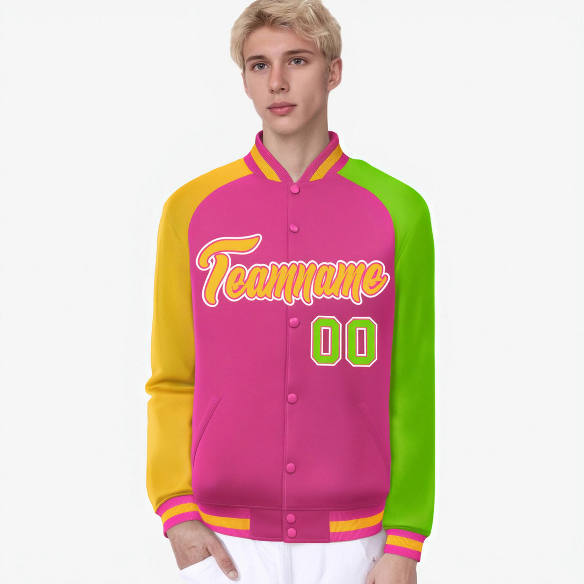Custom Pink Neon Green-Gold Raglan Sleeves Varsity Full-Snap Letterman Jacket