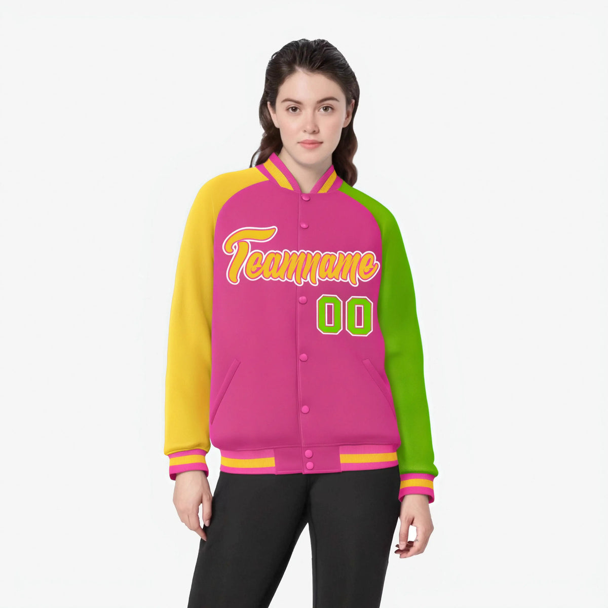 Custom Pink Neon Green-Gold Raglan Sleeves Varsity Full-Snap Letterman Jacket