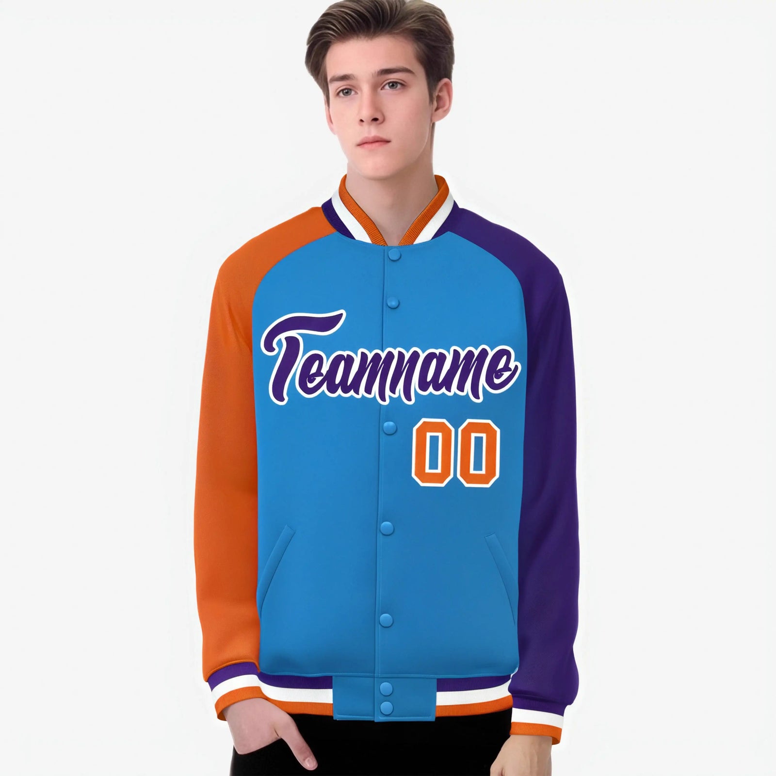 Custom Powder Blue Purple-Orange Raglan Sleeves Varsity Full-Snap Letterman Jacket