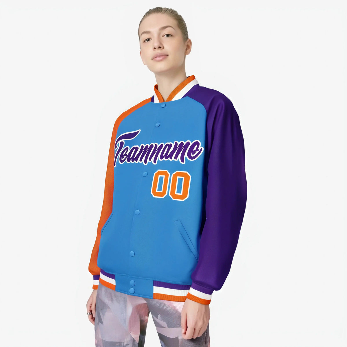 Custom Powder Blue Purple-Orange Raglan Sleeves Varsity Full-Snap Letterman Jacket