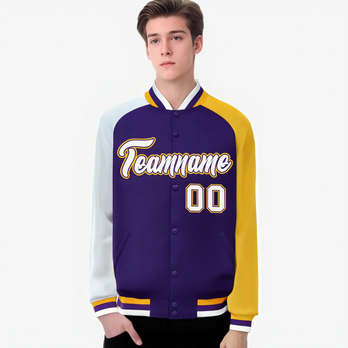 Custom Purple Gold-White Raglan Sleeves Varsity Full-Snap Letterman Jacket