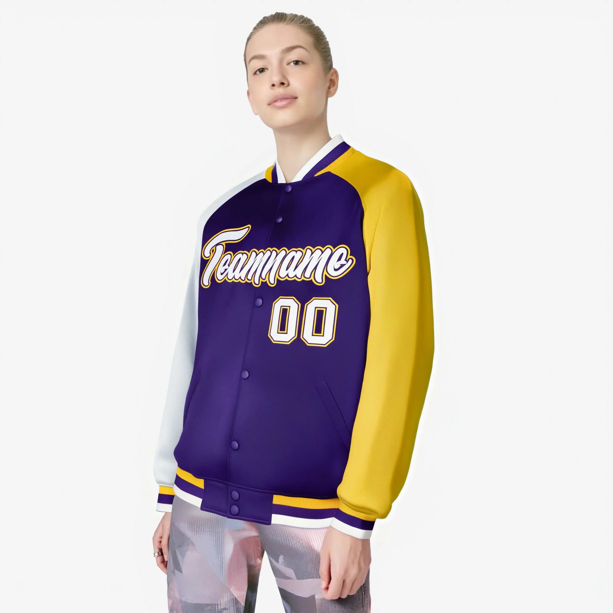 Custom Purple Gold-White Raglan Sleeves Varsity Full-Snap Letterman Jacket