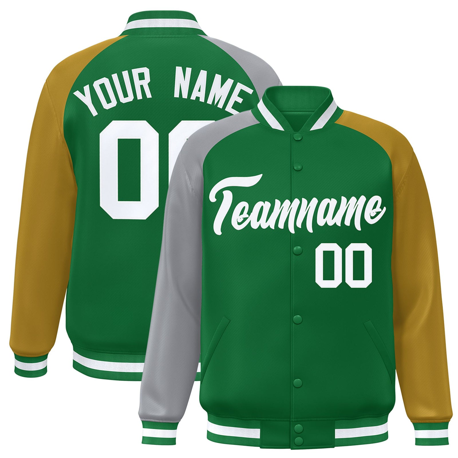 Custom Kelly Green Old Gold-Gray Raglan Sleeves Varsity Full-Snap Letterman Jacket