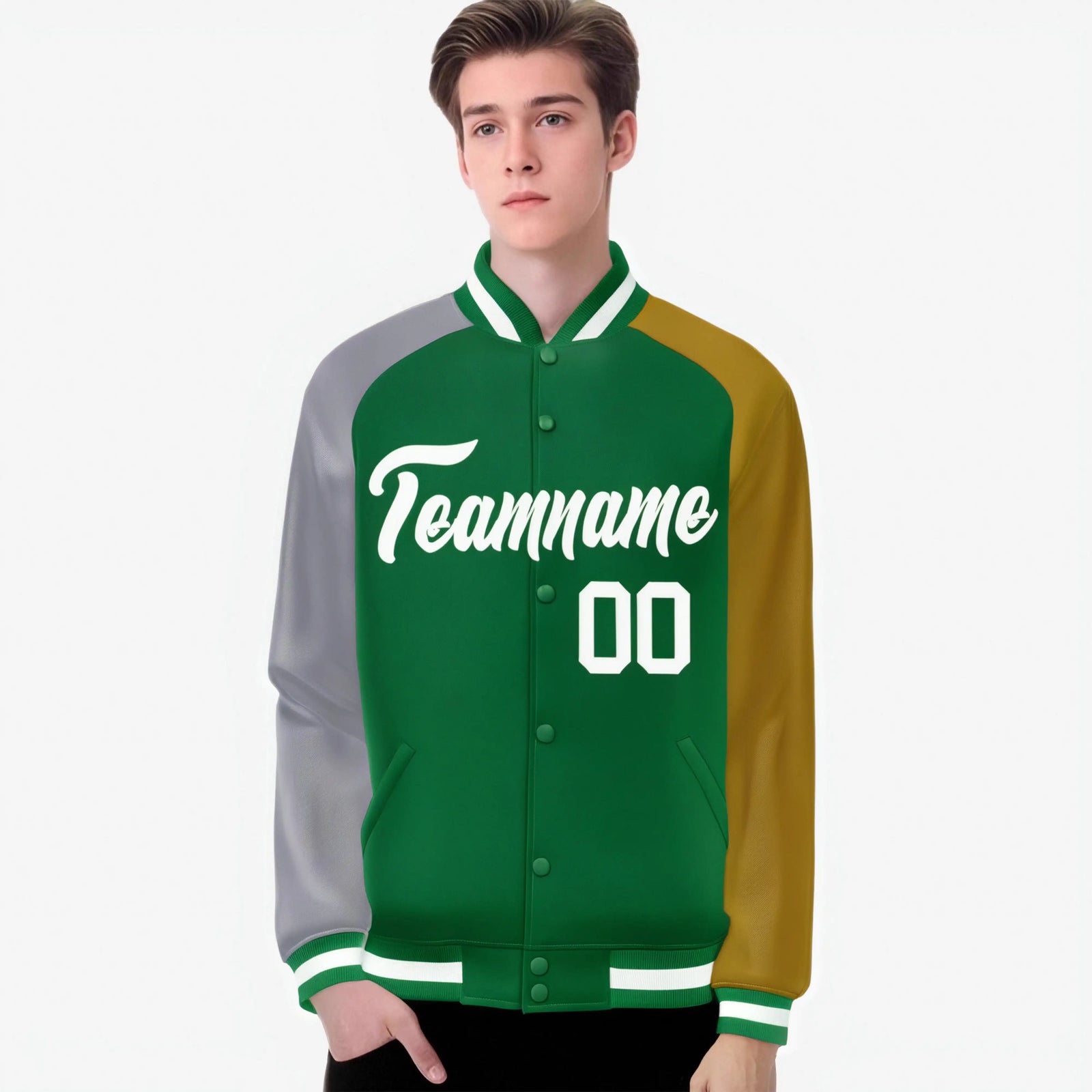 Custom Kelly Green Old Gold-Gray Raglan Sleeves Varsity Full-Snap Letterman Jacket