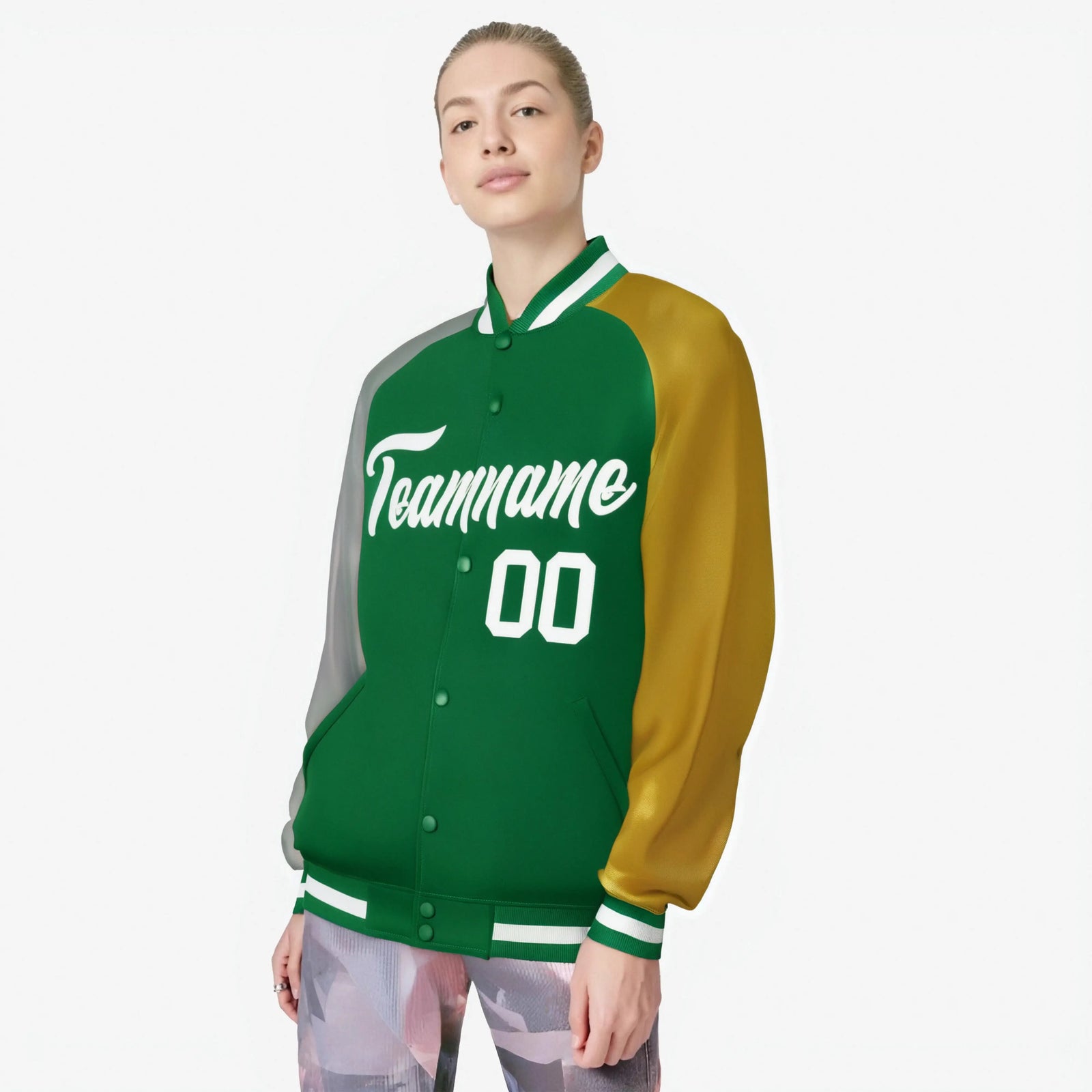 Custom Kelly Green Old Gold-Gray Raglan Sleeves Varsity Full-Snap Letterman Jacket