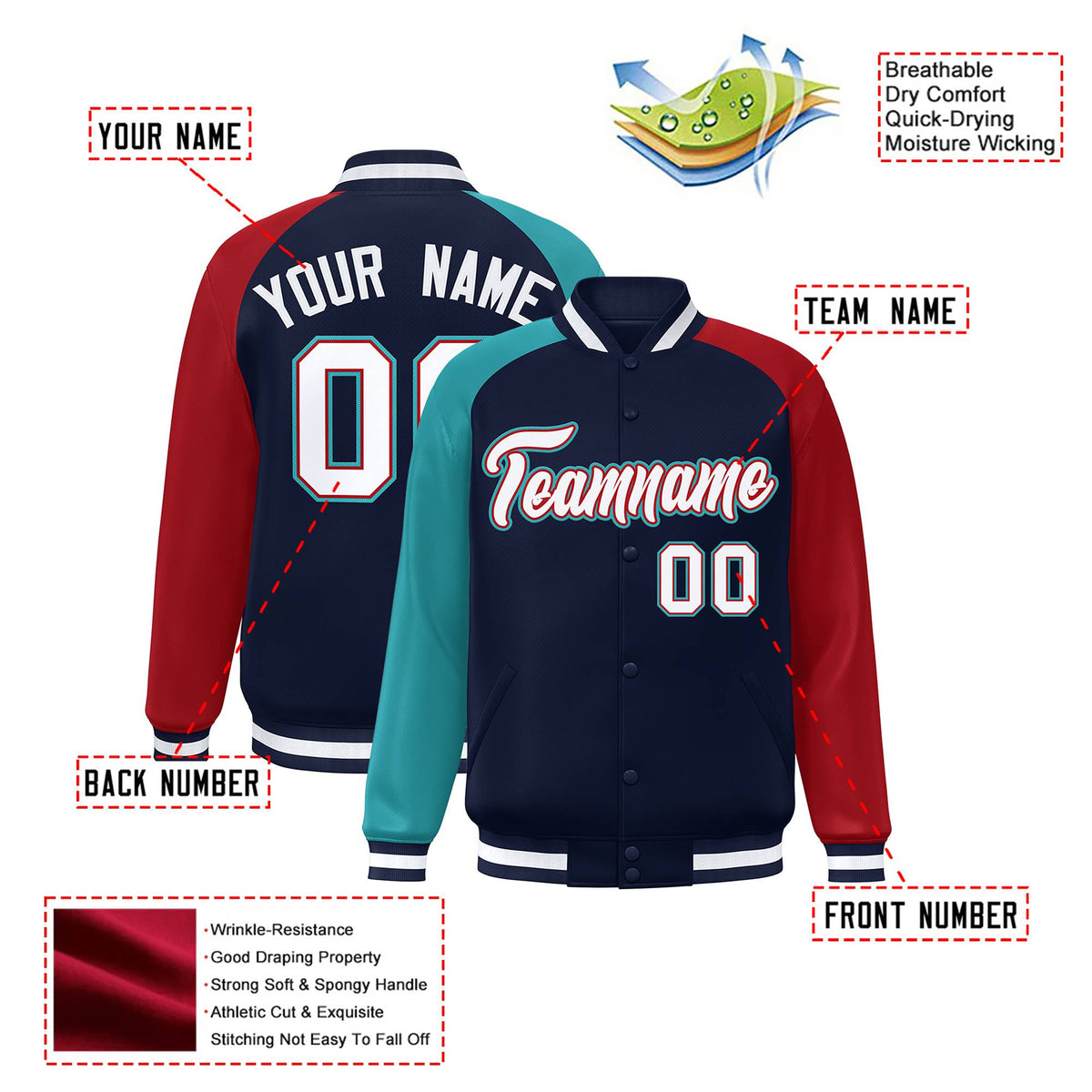 Custom Navy Red-Aqua Raglan Sleeves Varsity Full-Snap Letterman Jacket
