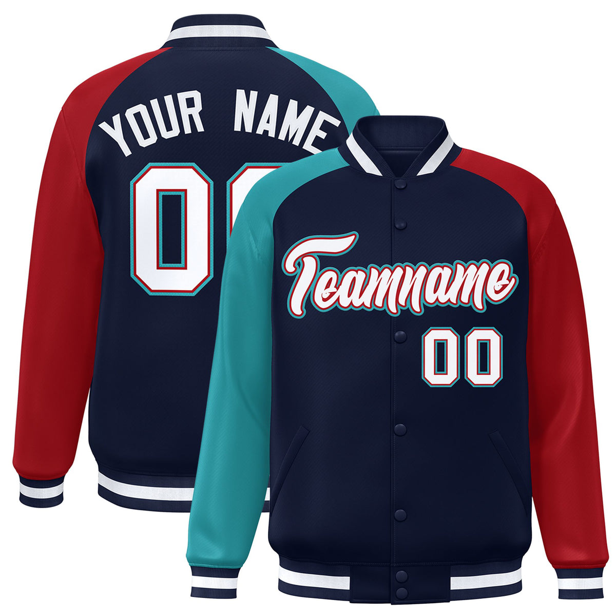 Custom Navy Red-Aqua Raglan Sleeves Varsity Full-Snap Letterman Jacket