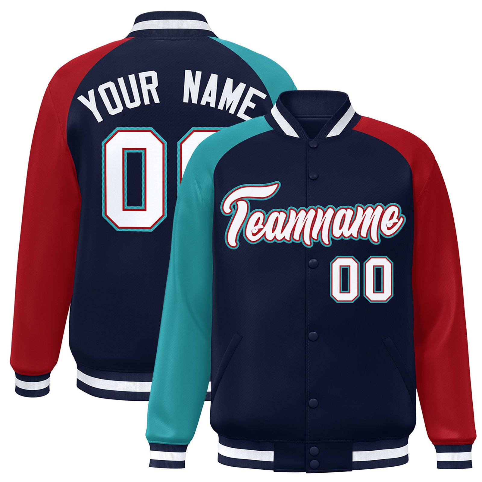 Custom Navy Red-Aqua Raglan Sleeves Varsity Full-Snap Letterman Jacket