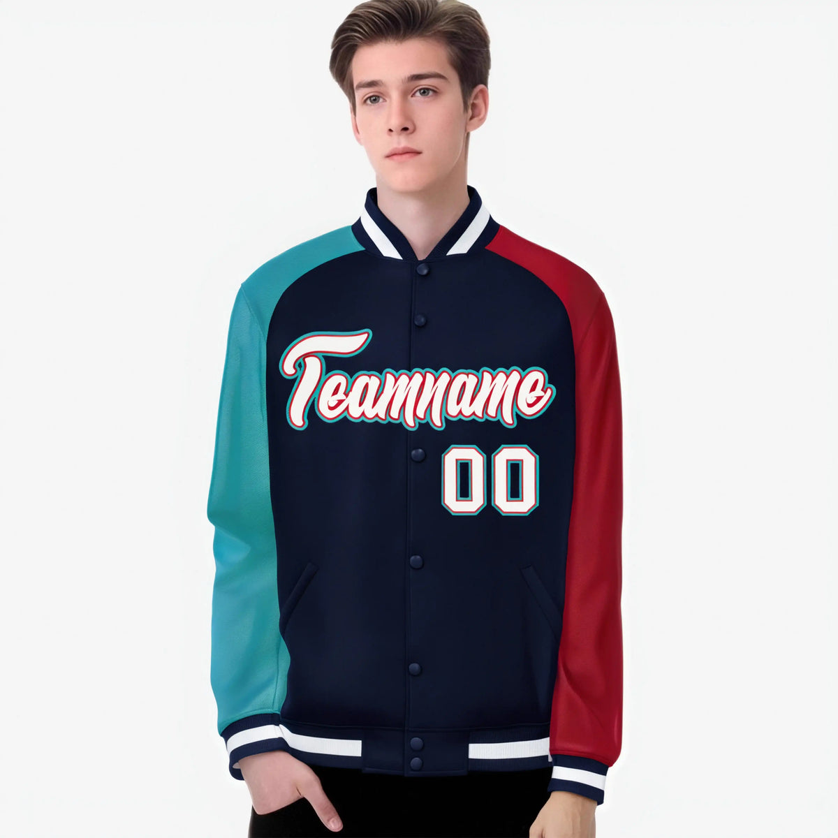 Custom Navy Red-Aqua Raglan Sleeves Varsity Full-Snap Letterman Jacket