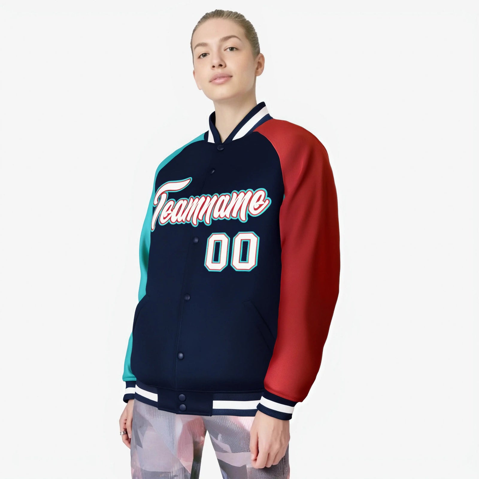 Custom Navy Red-Aqua Raglan Sleeves Varsity Full-Snap Letterman Jacket