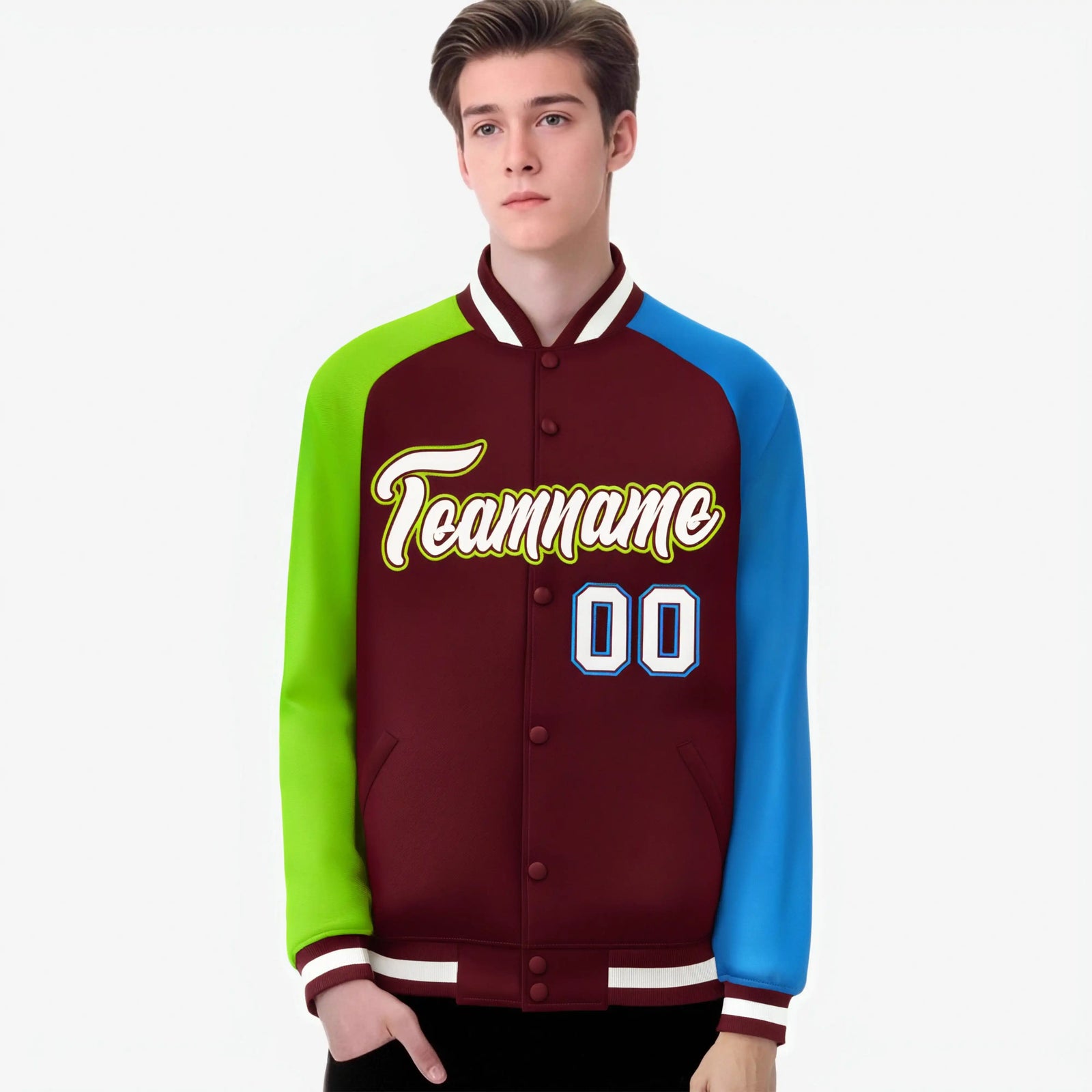 Custom Crimson Neon Green-Powder Blue Raglan Sleeves Varsity Full-Snap Letterman Jacket