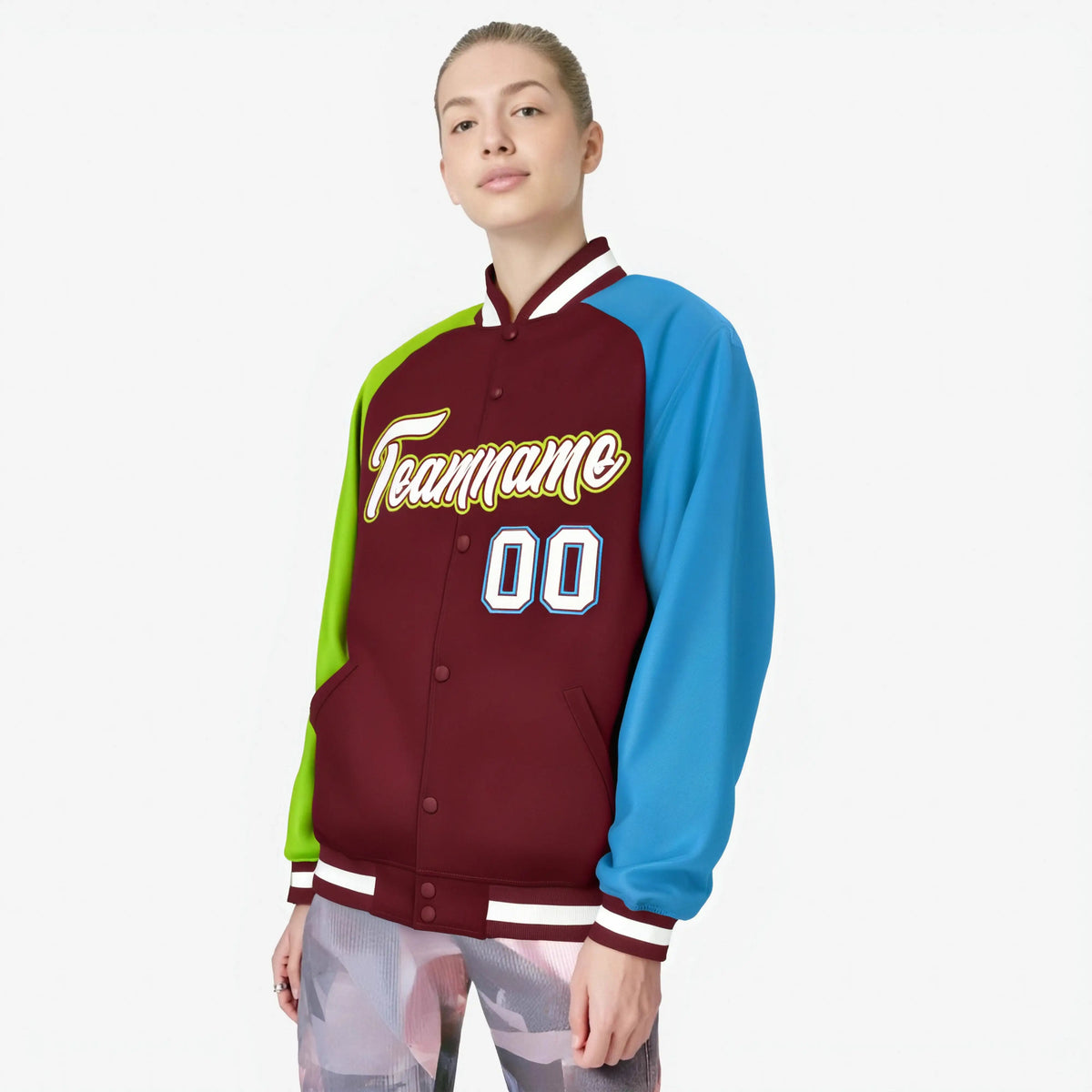 Custom Crimson Neon Green-Powder Blue Raglan Sleeves Varsity Full-Snap Letterman Jacket