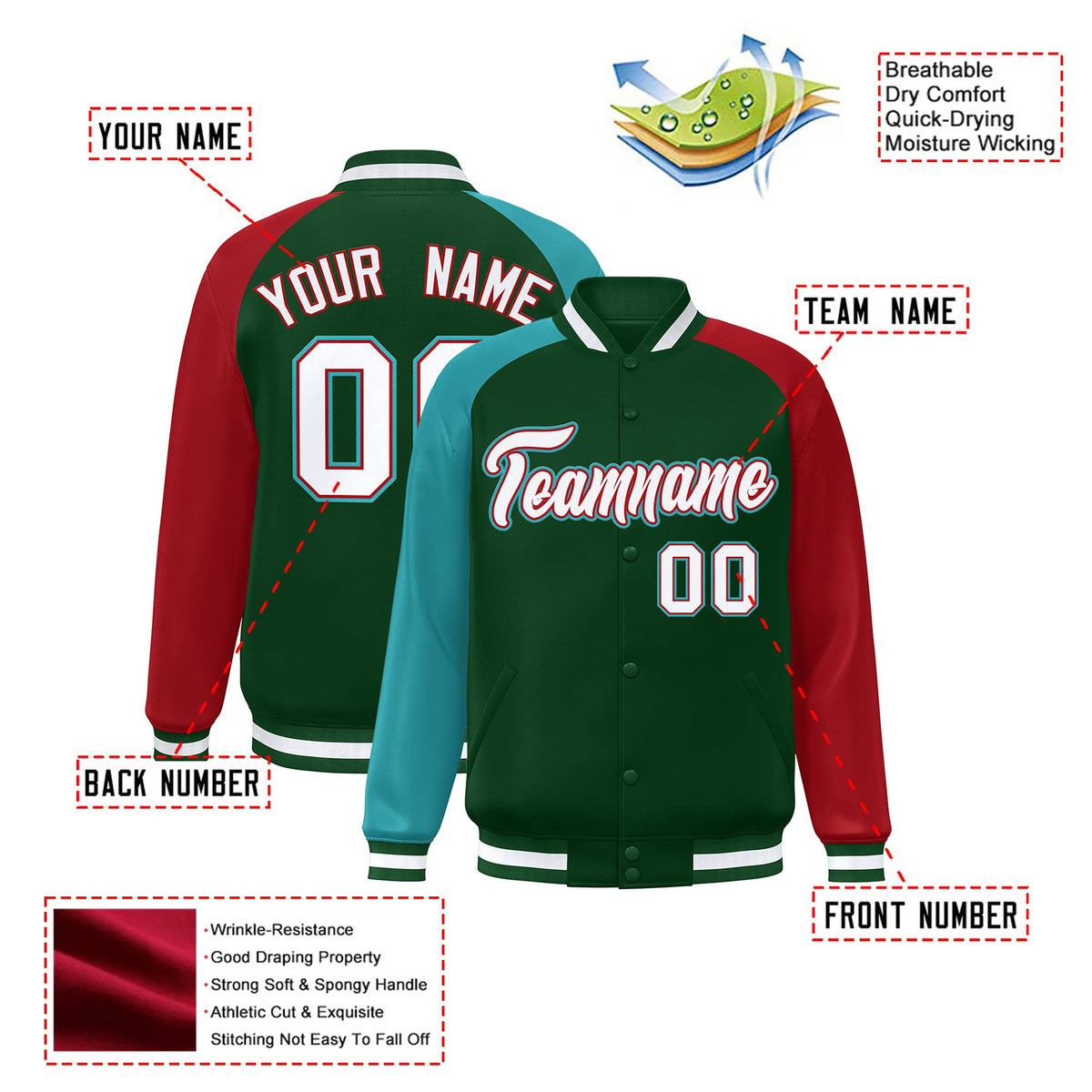 Custom Green Red-Aqua Raglan Sleeves Varsity Full-Snap Letterman Jacket