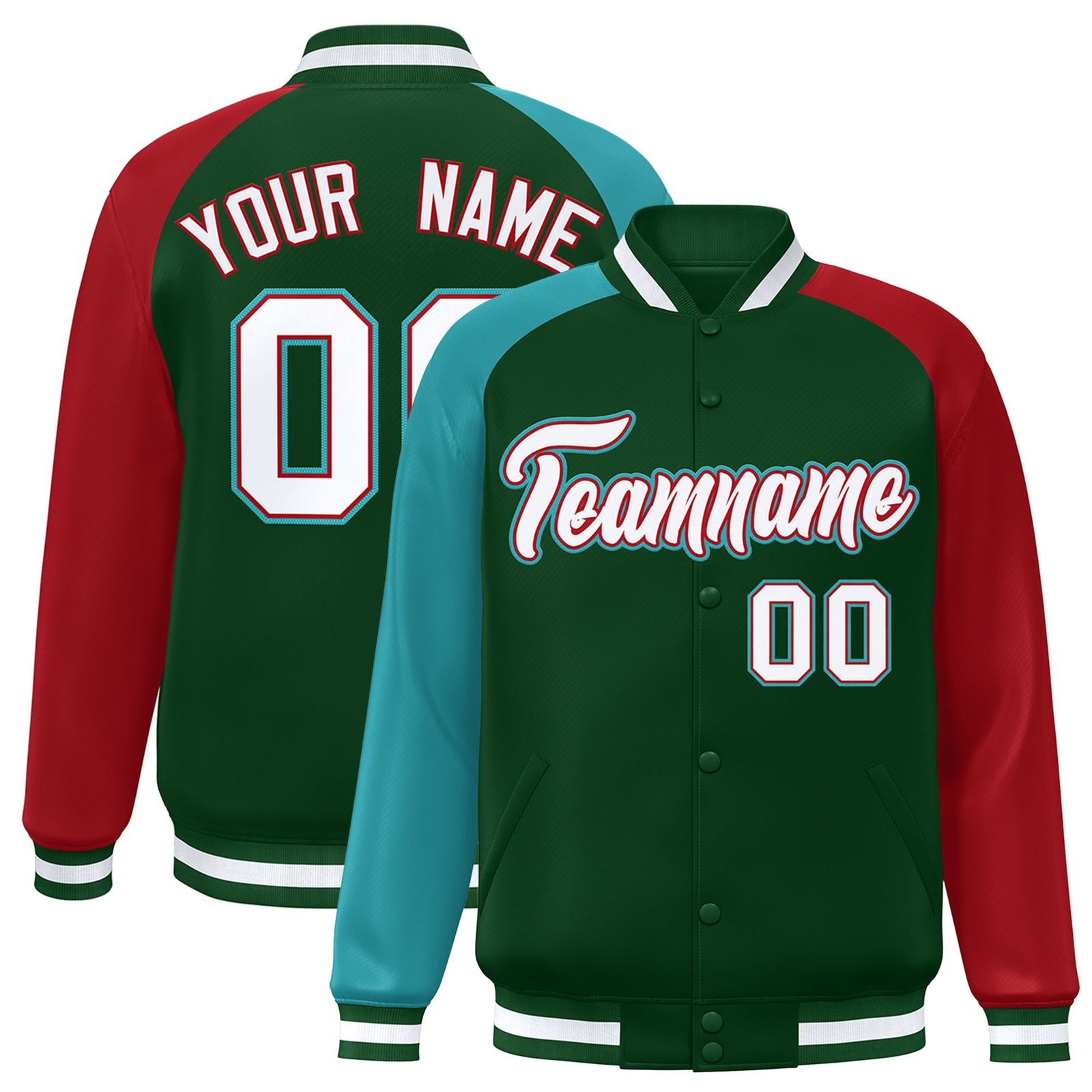 Custom Green Red-Aqua Raglan Sleeves Varsity Full-Snap Letterman Jacket
