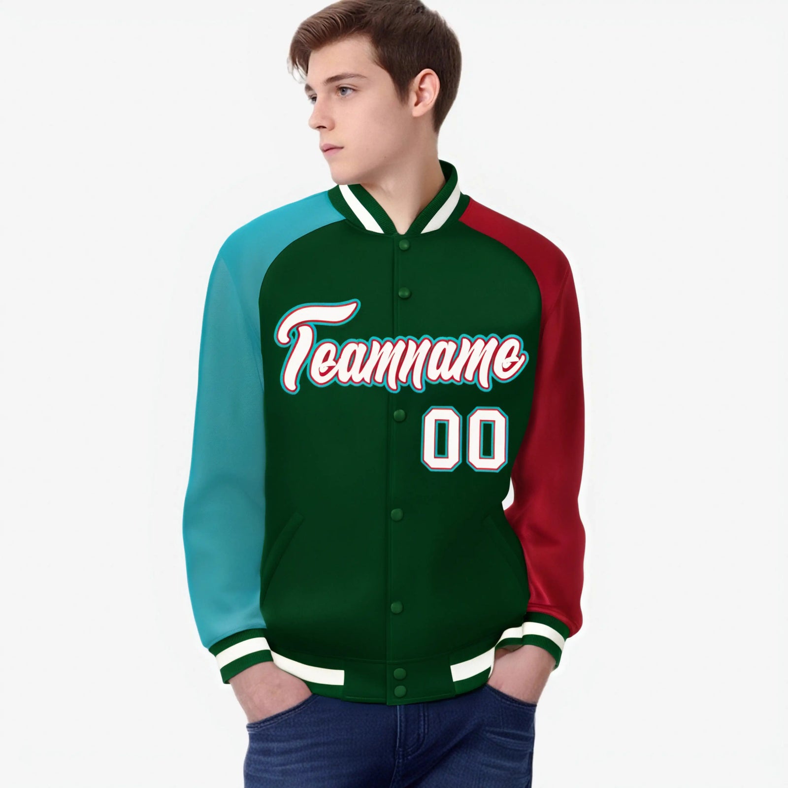 Custom Green Red-Aqua Raglan Sleeves Varsity Full-Snap Letterman Jacket