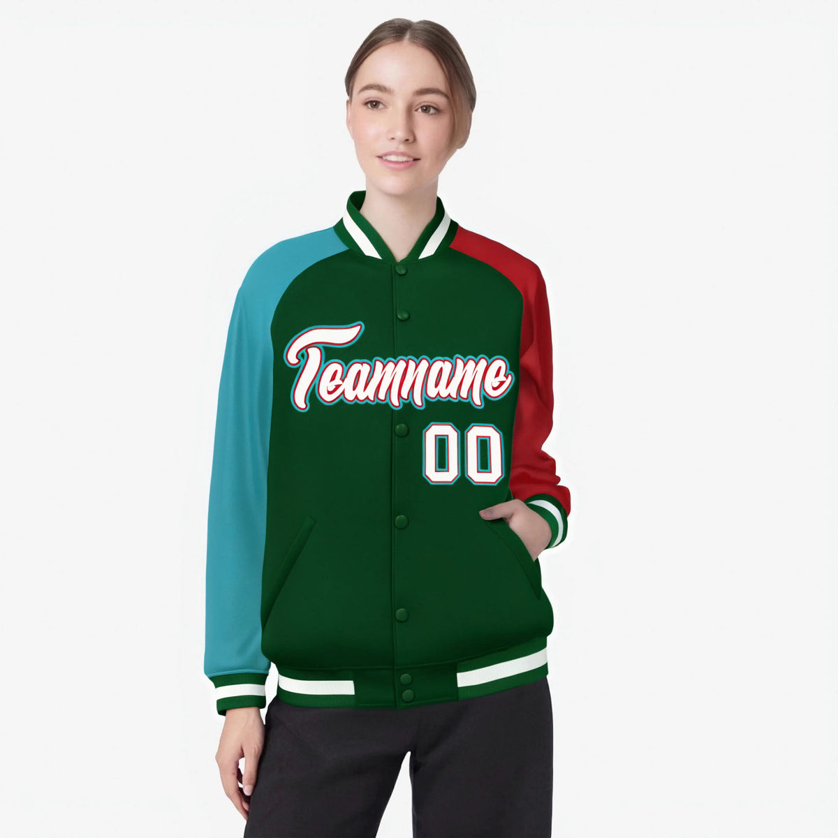 Custom Green Red-Aqua Raglan Sleeves Varsity Full-Snap Letterman Jacket