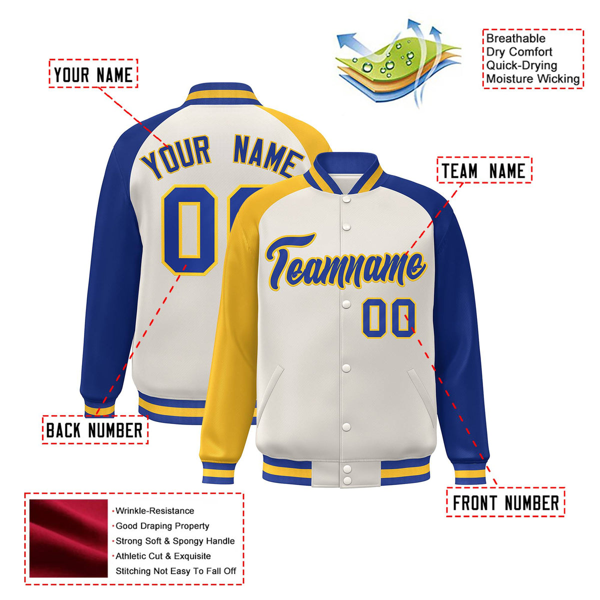 Custom Cream Royal Blue-Gold Raglan Sleeves Varsity Full-Snap Letterman Jacket