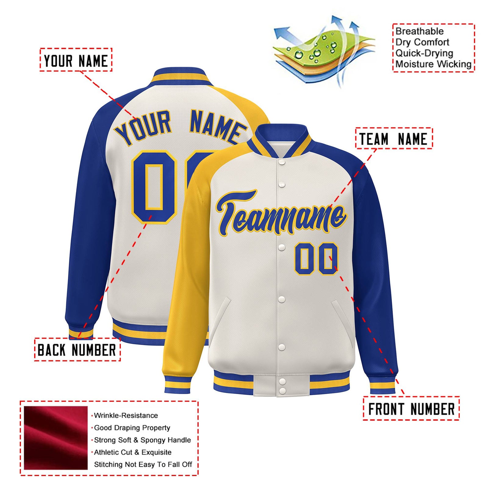 Custom Cream Royal Blue-Gold Raglan Sleeves Varsity Full-Snap Letterman Jacket