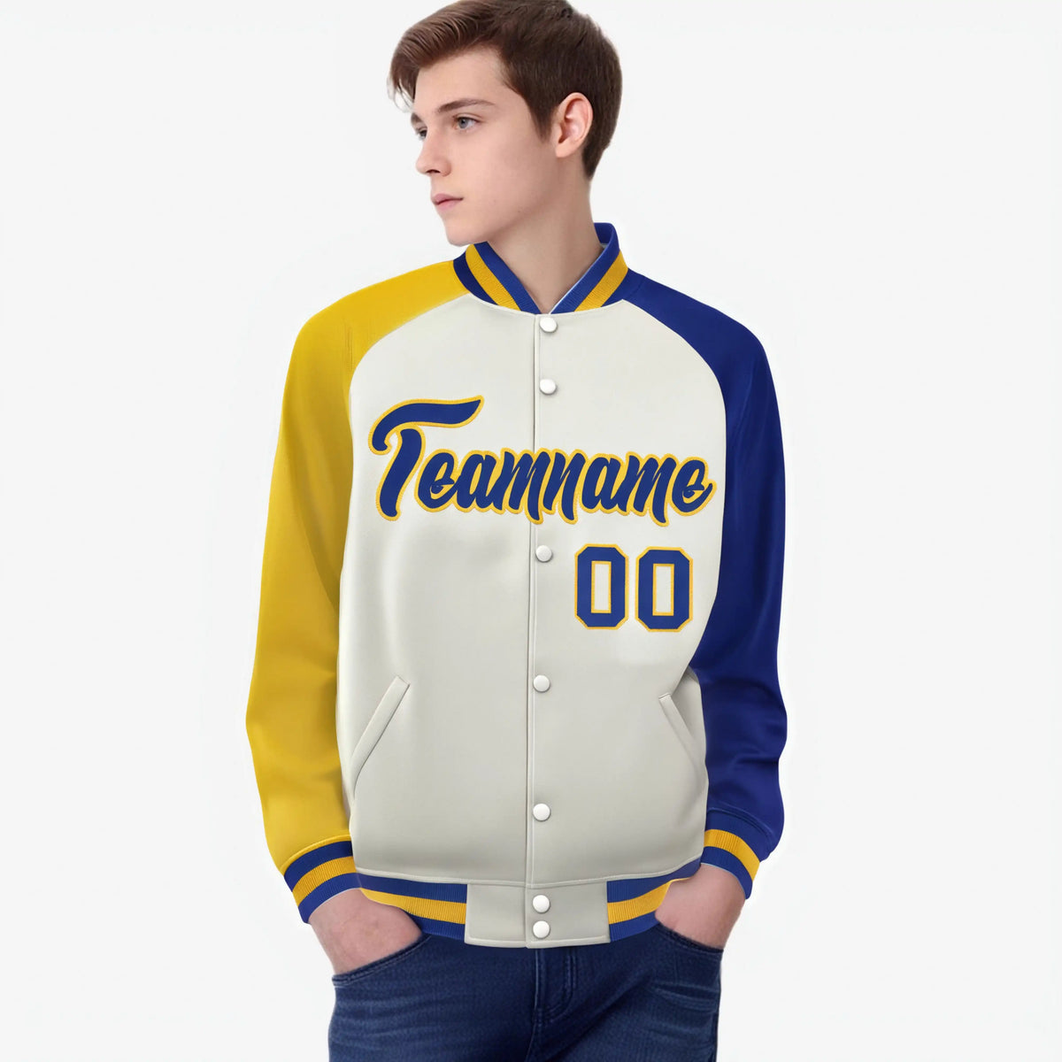 Custom Cream Royal Blue-Gold Raglan Sleeves Varsity Full-Snap Letterman Jacket