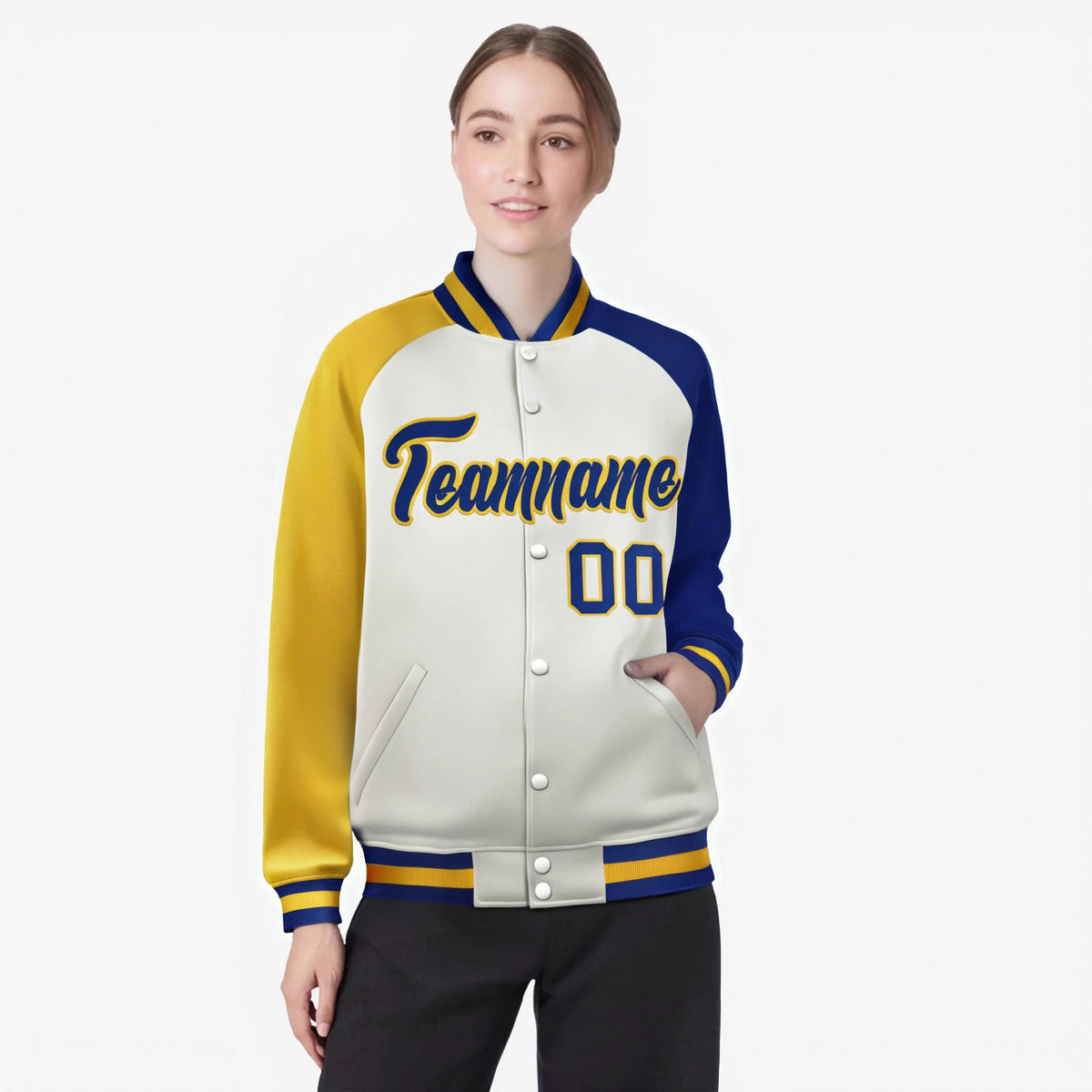 Custom Cream Royal Blue-Gold Raglan Sleeves Varsity Full-Snap Letterman Jacket