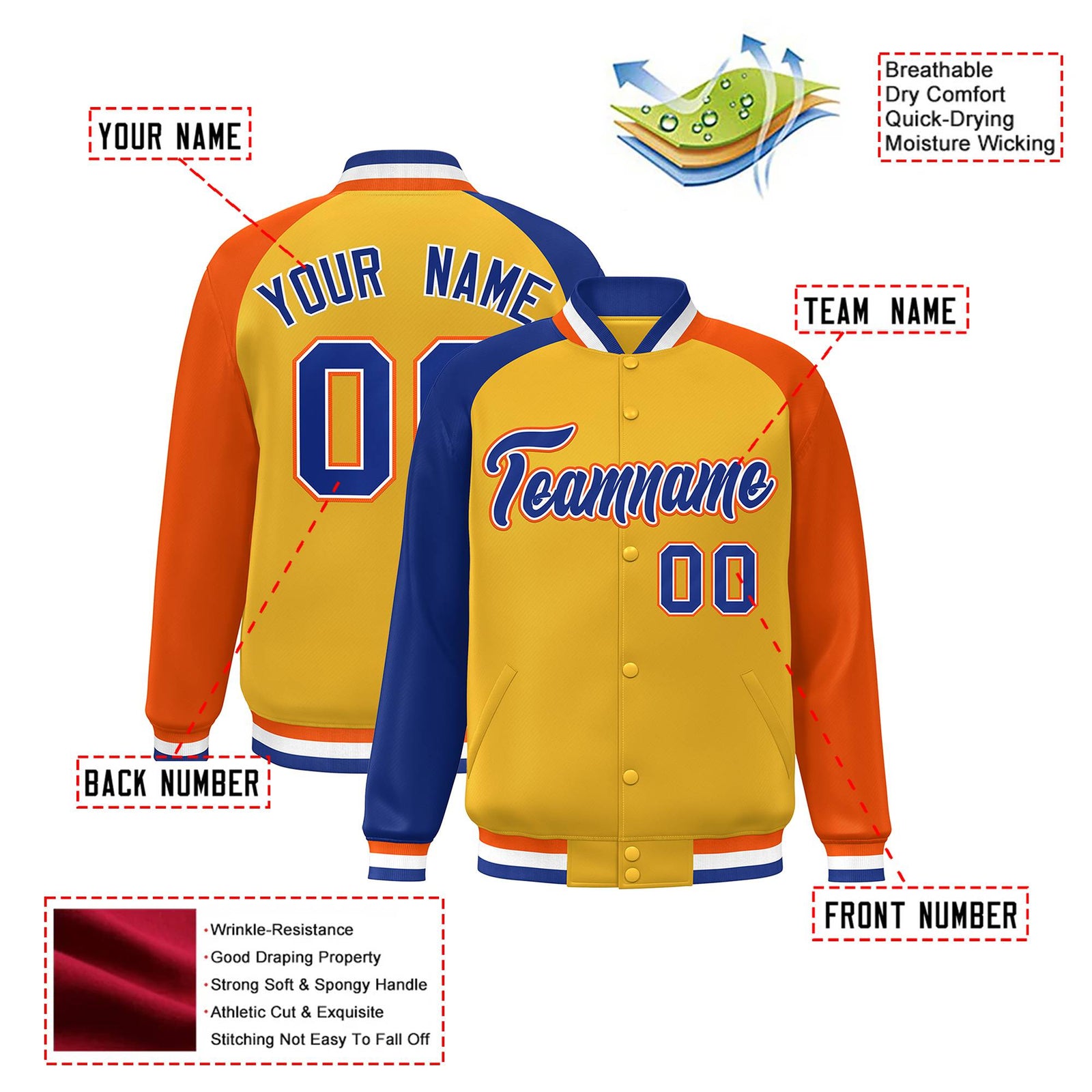 Custom Gold Orange-Royal Blue Raglan Sleeves Varsity Full-Snap Letterman Jacket