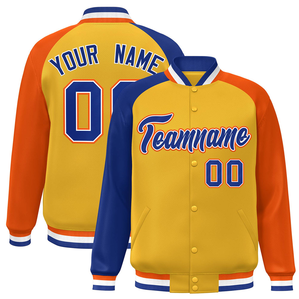 Custom Gold Orange-Royal Blue Raglan Sleeves Varsity Full-Snap Letterman Jacket