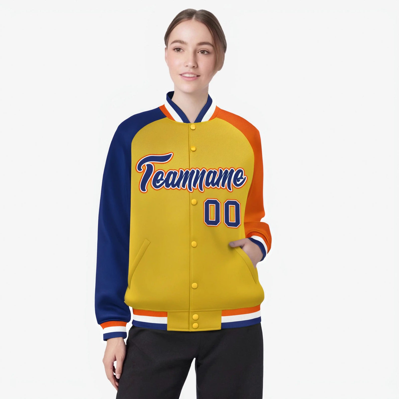 Custom Gold Orange-Royal Blue Raglan Sleeves Varsity Full-Snap Letterman Jacket