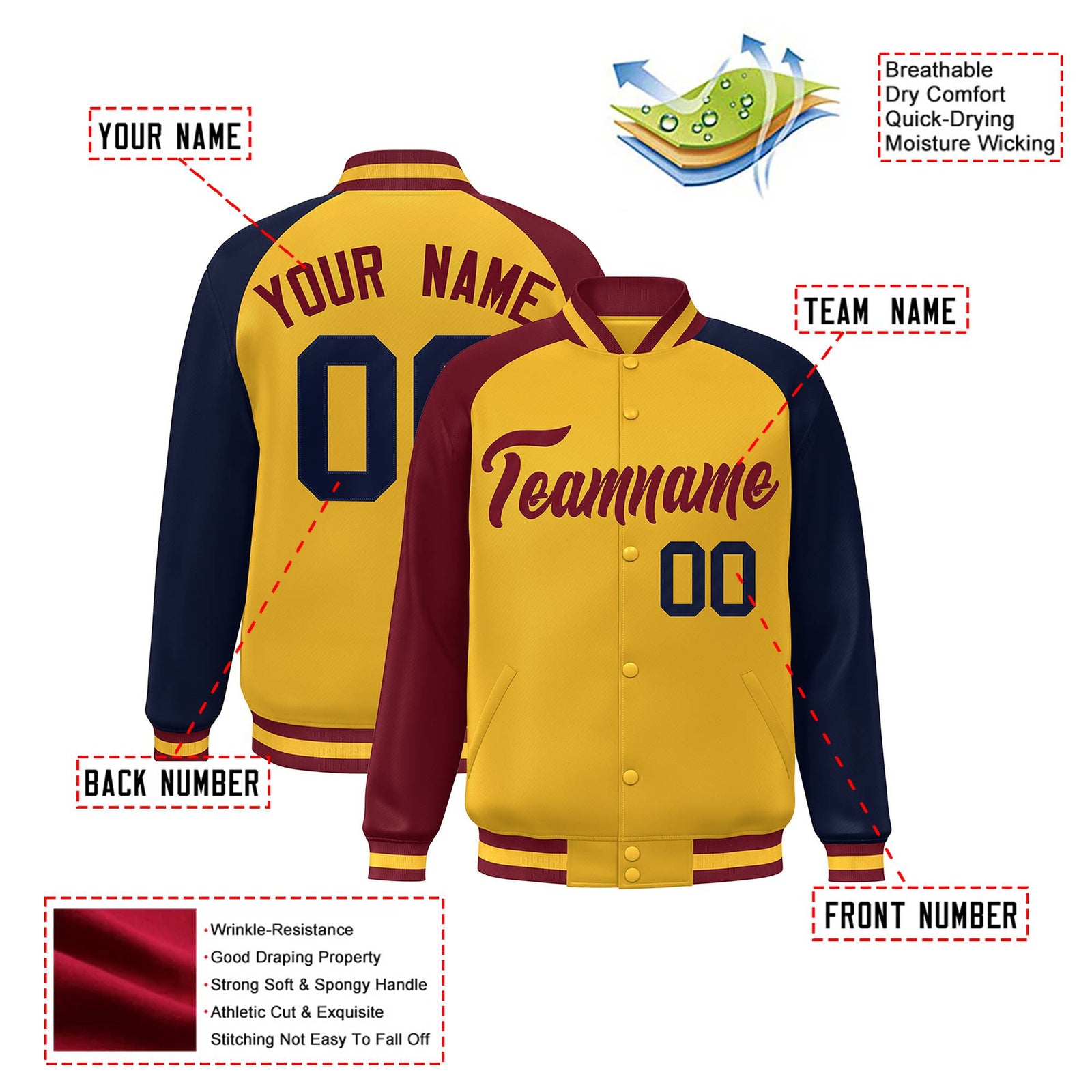 Custom Gold Navy-Crimson Raglan Sleeves Varsity Full-Snap Letterman Jacket