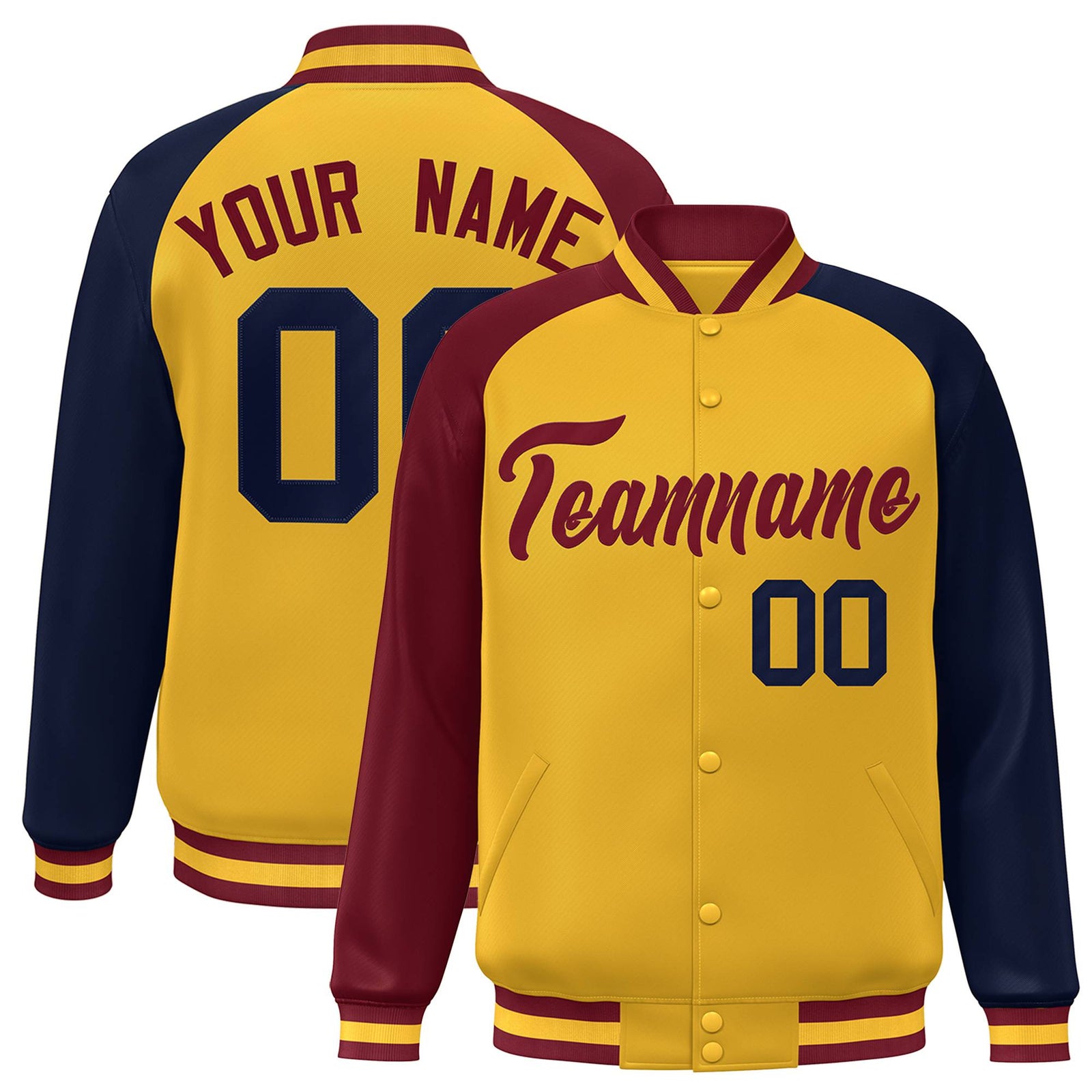 Custom Gold Navy-Crimson Raglan Sleeves Varsity Full-Snap Letterman Jacket