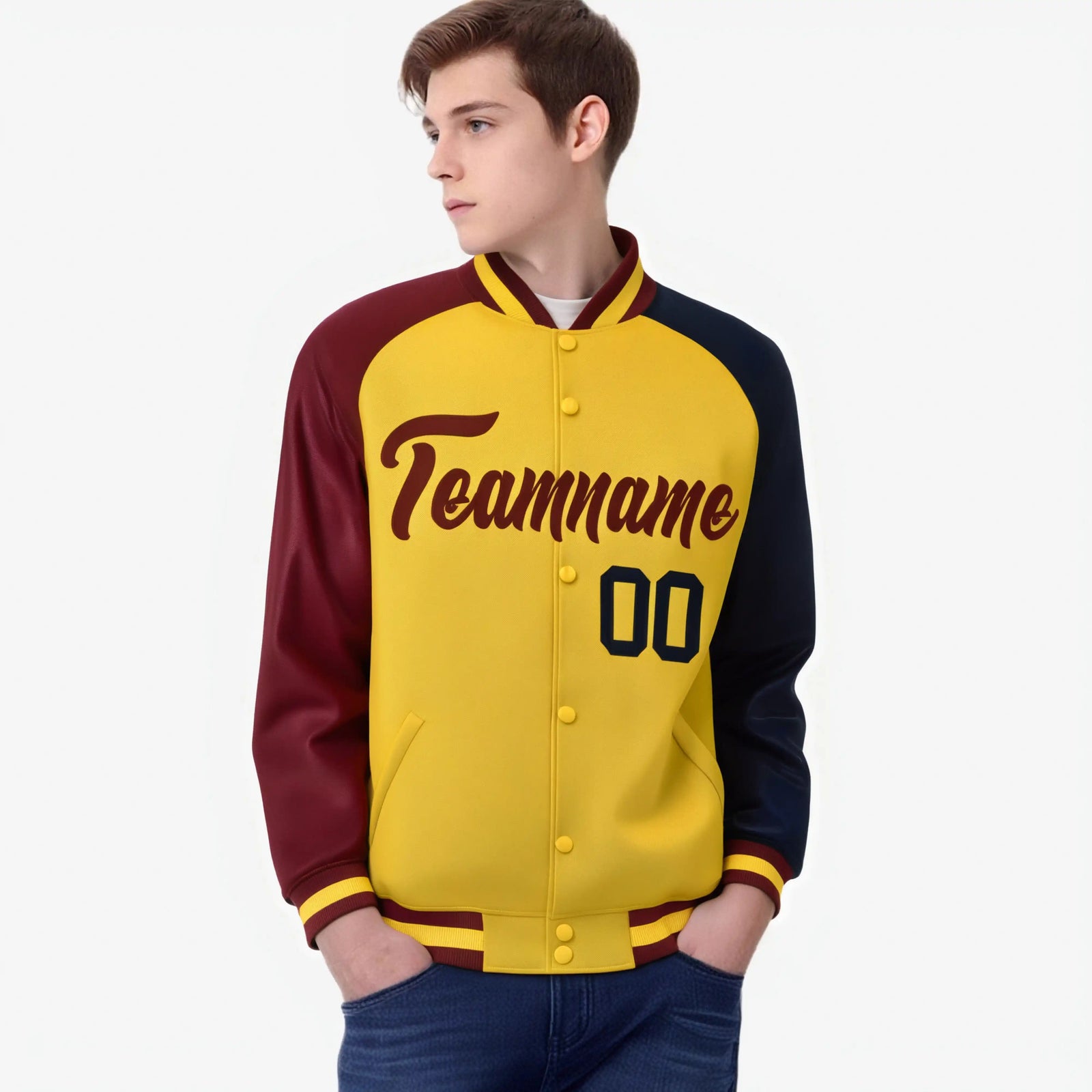 Custom Gold Navy-Crimson Raglan Sleeves Varsity Full-Snap Letterman Jacket