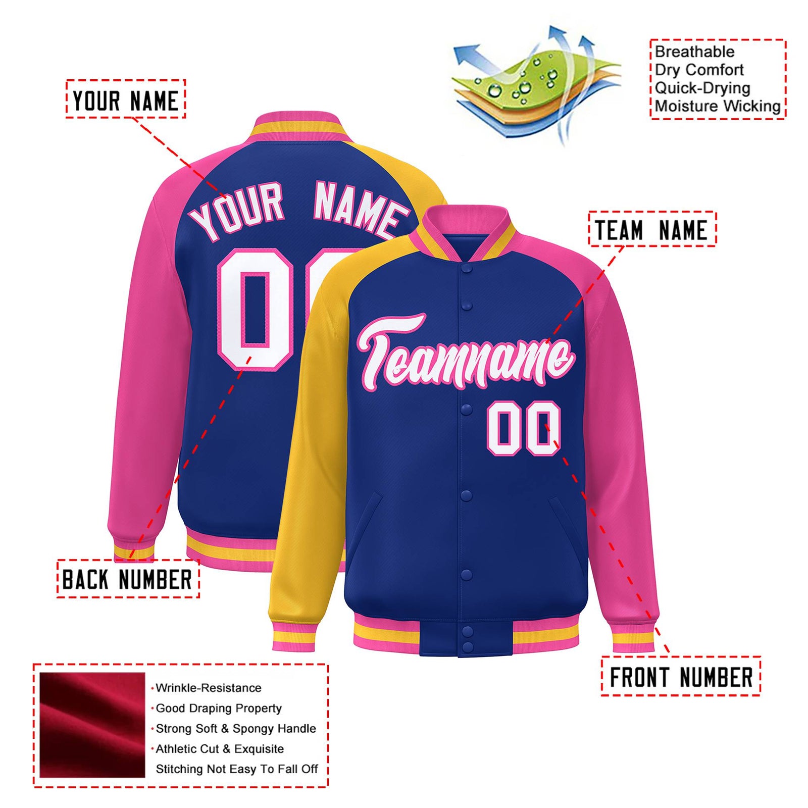 Custom Royal Blue Pink-Gold Raglan Sleeves Varsity Full-Snap Letterman Jacket