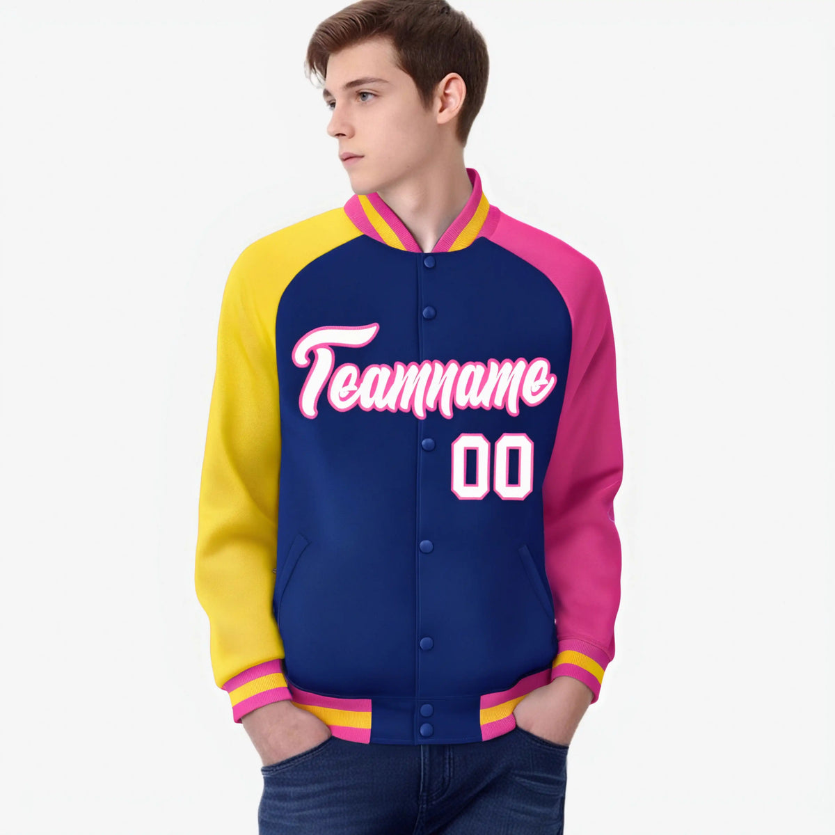 Custom Royal Blue Pink-Gold Raglan Sleeves Varsity Full-Snap Letterman Jacket